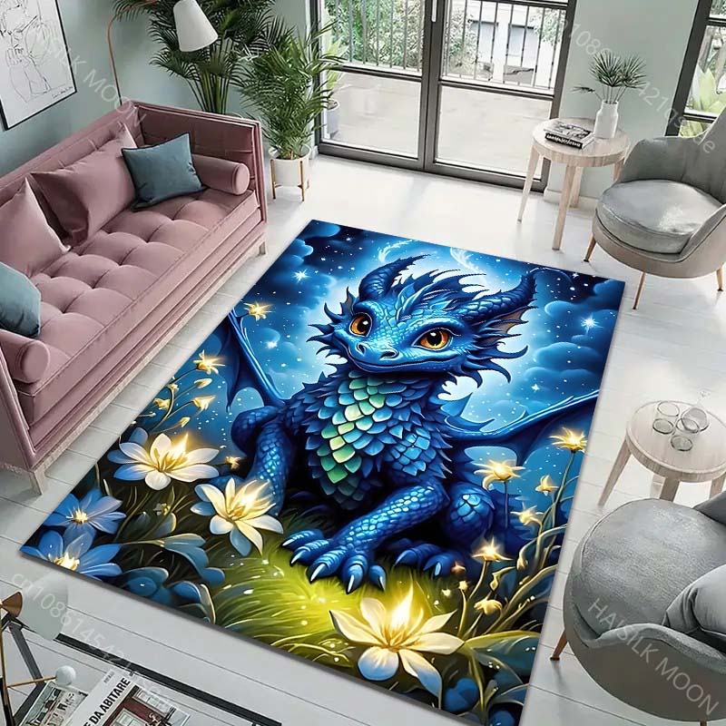 Mehrere Größen Blauer Drache mit leuchtenden Blumen Druck Teppich für Wohnzimmer Schlafzimmer Sofa Fußmatte Heimdekoration Rutschfeste Matte