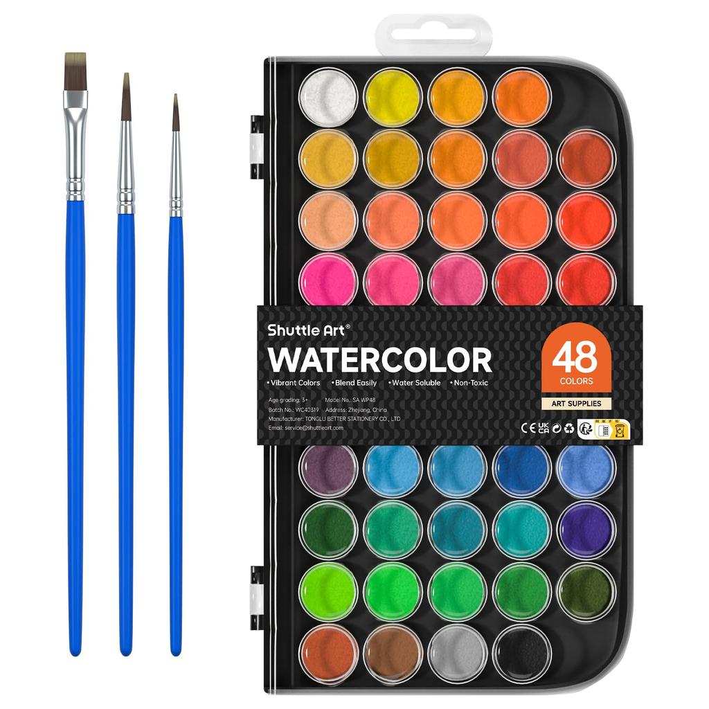 Shuttle Art Solid Watercolor Paint Petit Easy to Large Brush 48 for Outdoor Adult Coloring Book Set, Palette, Color, Use, Quick-Drying, Capacity,
