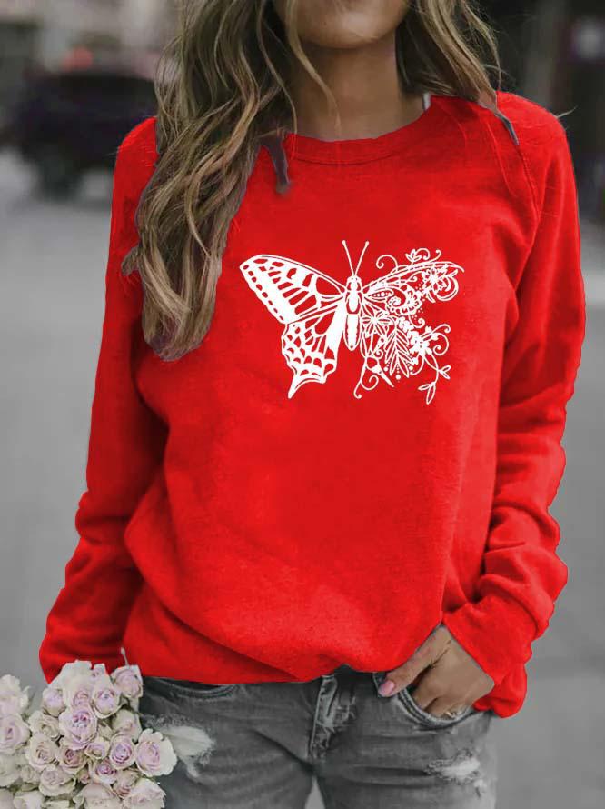 Butterfly Print Women's Long Sleeve Round Neck Hoodie