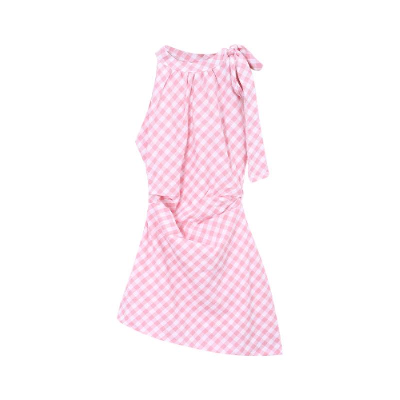 Pink off-the-shoulder sleeveless neck plaid dress children s summer new bow hip skirt S