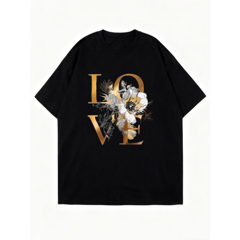 Black Oversized T Shirt Love Floral Print Graphic Tee For Casual Wear And Everyday Outfits