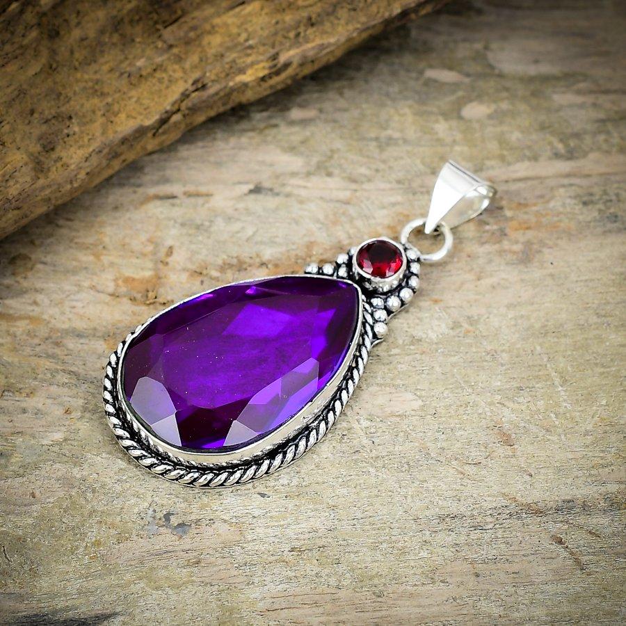Pink Amethyst, Garnet Gemstone 925 Sterling Silver Jewelry Pendant 2.36" M-190