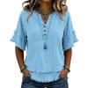 Women's Color V Neck Short Sleeve Shirt Casual Cotton Linen Blouse