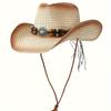 Decorative Beaded Straw Cowboy Hats Women Men Summer UV Protection Beach Holiday Sun Caps Outdoor Wide Brim Cowgirl Hats