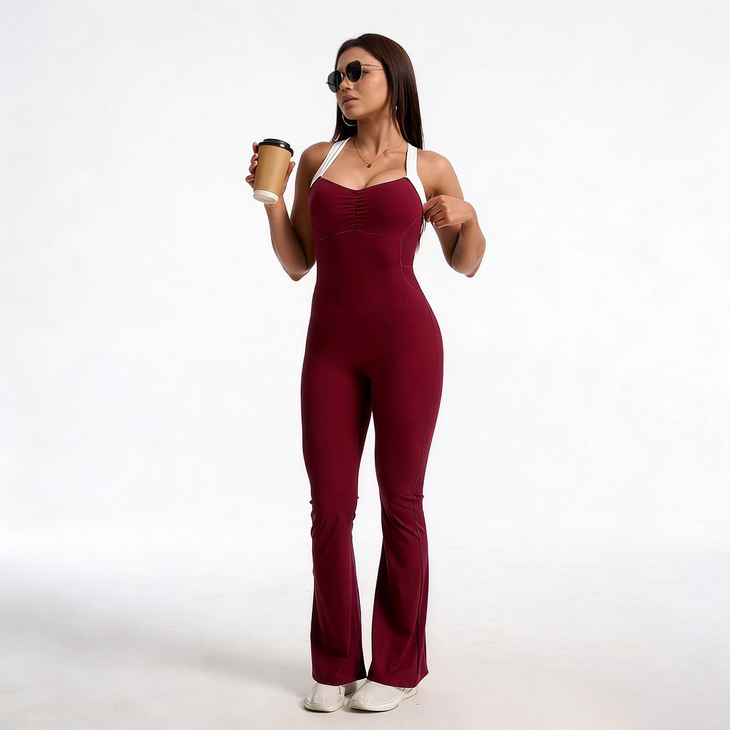 Women s Color Block Backless Slim-Fit Yoga Jumpsuit - High Elasticity Fitness Wear Medium