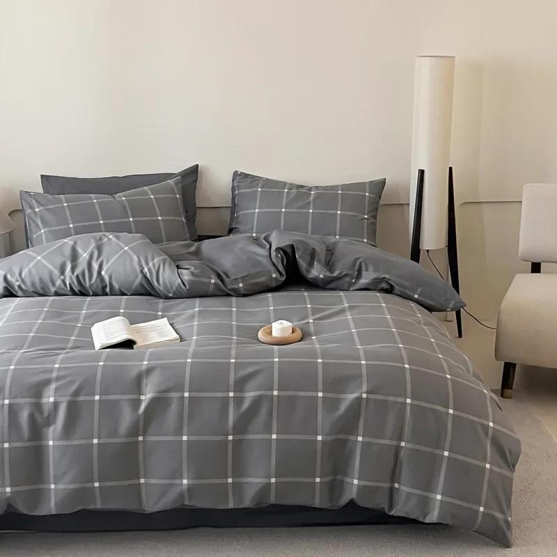 High Quality Grid Printed Flat Sheet Bedding Sets Light Luxury Cotton Soft Quilt Cover Single Double Bed Comfort Set for Adults
