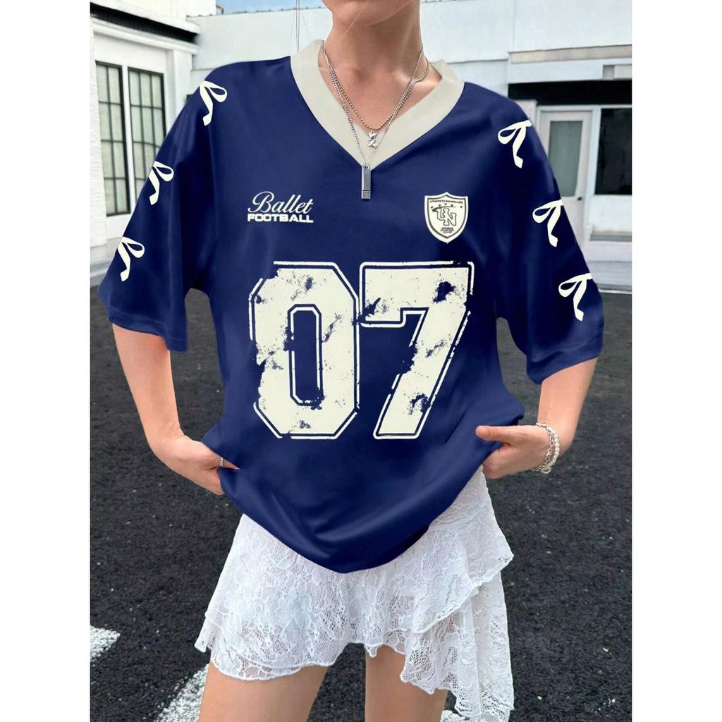 New Women's No.7 Letters Printed V-Neck Short Sleeve Summer Soccer Jersey Loose Casual Sports Women's T-Shirt Short Sleeve