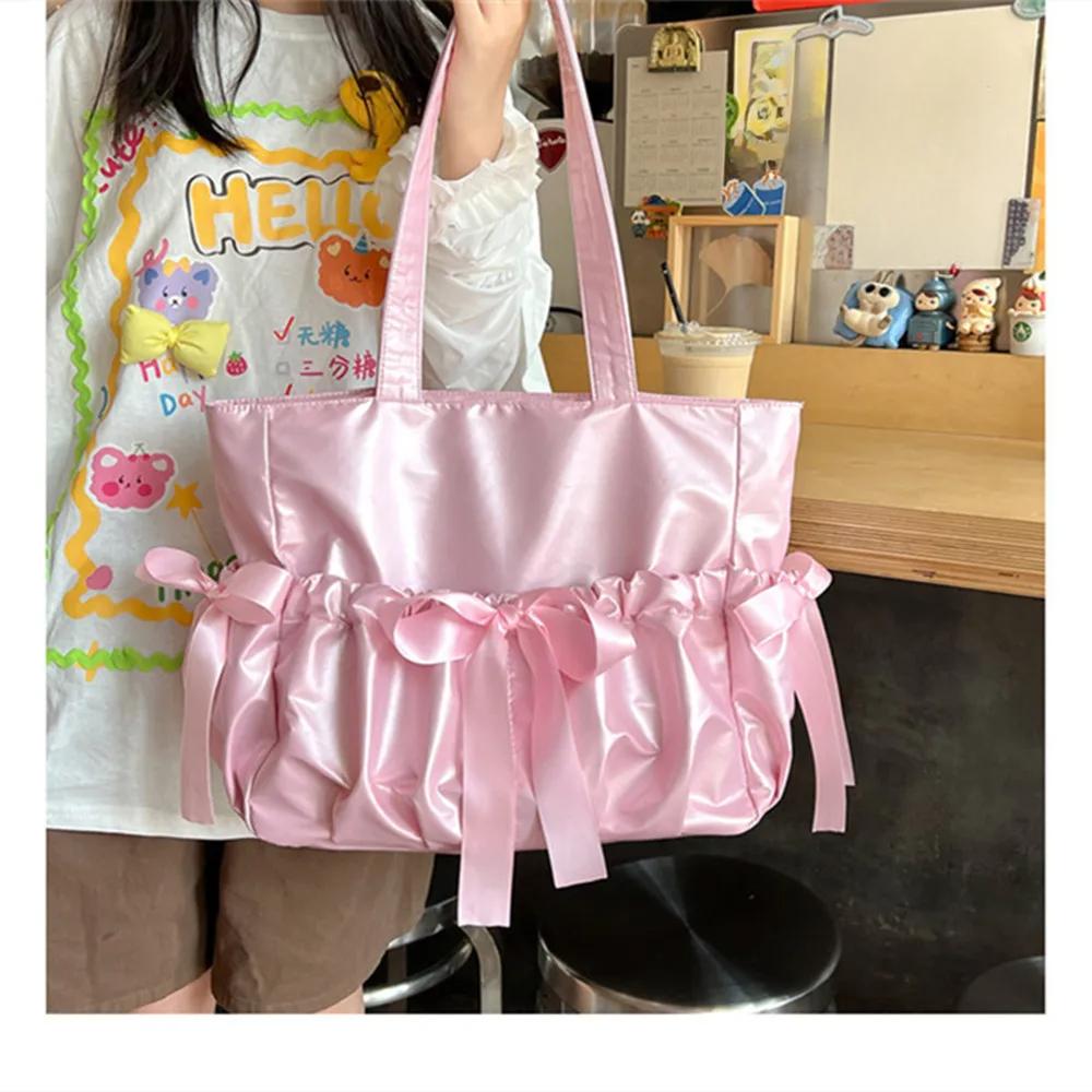 Ballet-Style Ribbon Bow Double-Sided Backpack Shoulder Underarm Bag Original Women Nylon Tote Bag Zipper Girl