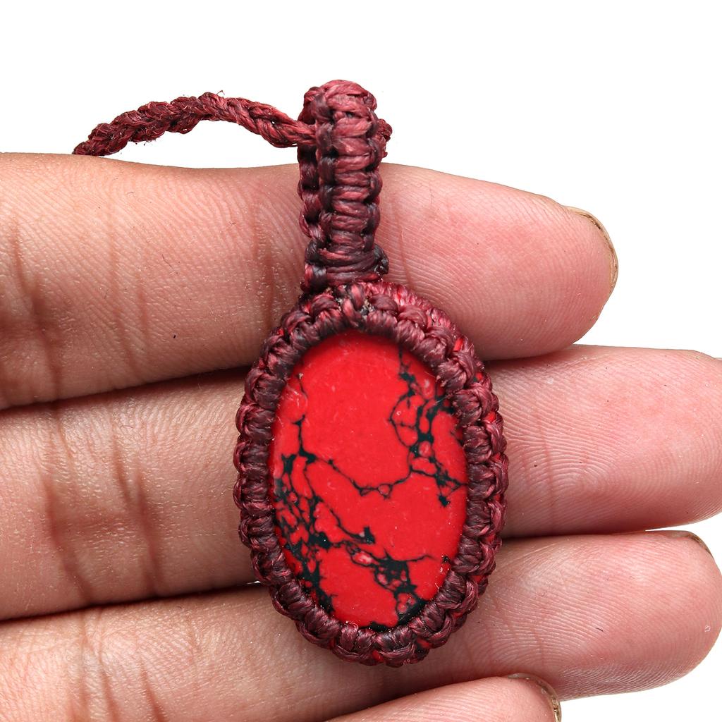 Macrame Red Handmade Necklace Copper Turquoise Thread Gemstone Jewelry