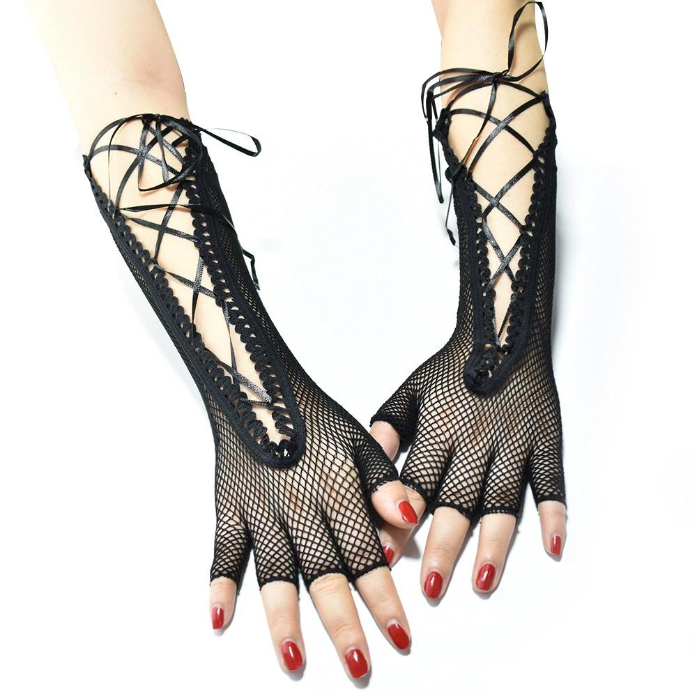 Lolita Strapping Fishnet Long Half-Finger Hand Gloves Cuff Women Men Sexy Mesh Black Punk Outdoor Stretchy Mittens