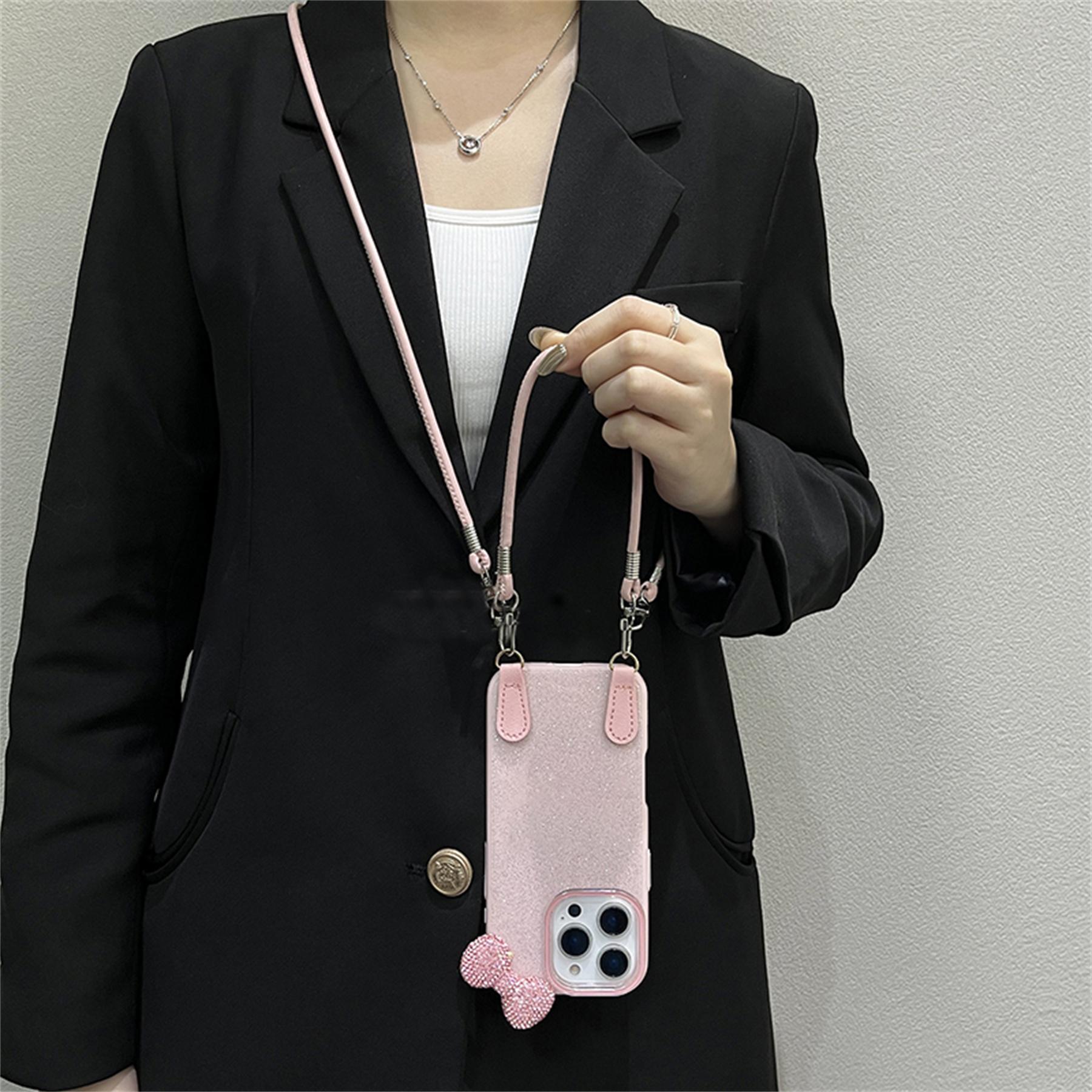 

Роскошный милый кроссбоди-шнурок, кожаная цепочка, 3D бриллиантовый бант, блестящий розовый чехол для iPhone 16 15 14 13 Pro Max, задняя крышка for iPhone 16 promax