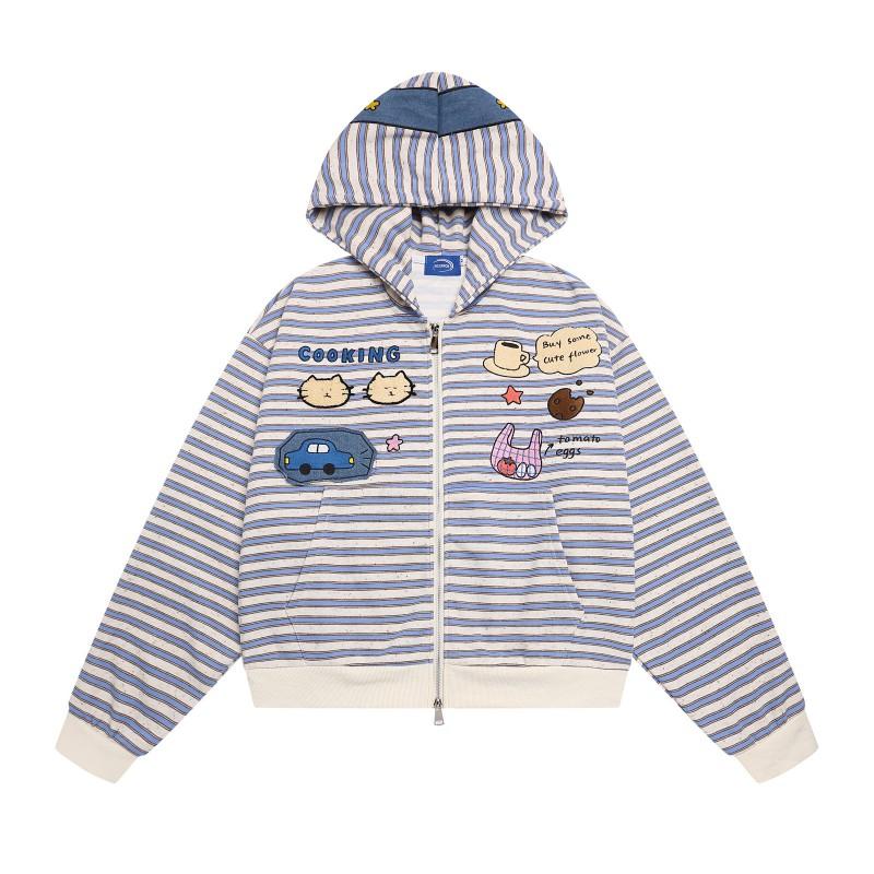 American Style Cartoon Embroidered Striped Hooded Zip Sweatshirt Loose Fit Couples Men Women Fall
