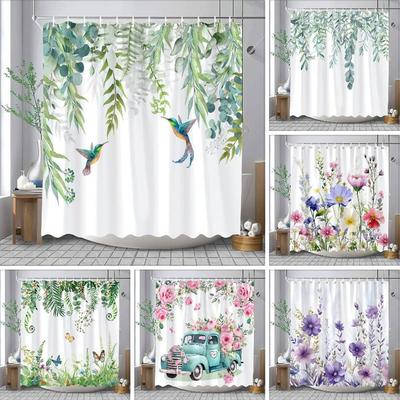 Watercolour Botanical Floral Leaf Shower Curtain Polyester Fabric Washable Home Bathroom Curtains Bathroom Decoration With Hooks