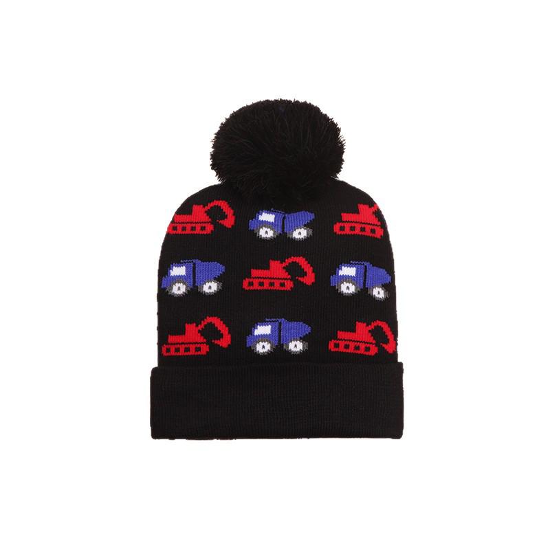 Unisex Cartoon Excavator Wool Pom-Pom Knit Hat for Kids - Warm Autumn Winter