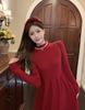 French Red Semi-High Neck Knit Slimming Dress - Long-Sleeved Autumn/Winter Fashion for Women
