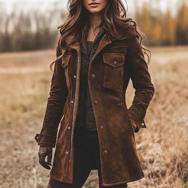 Womens Retro Brown Suede Jacket Loose Fit Mid-Length Casual Coat With Lapel Collar Zipper