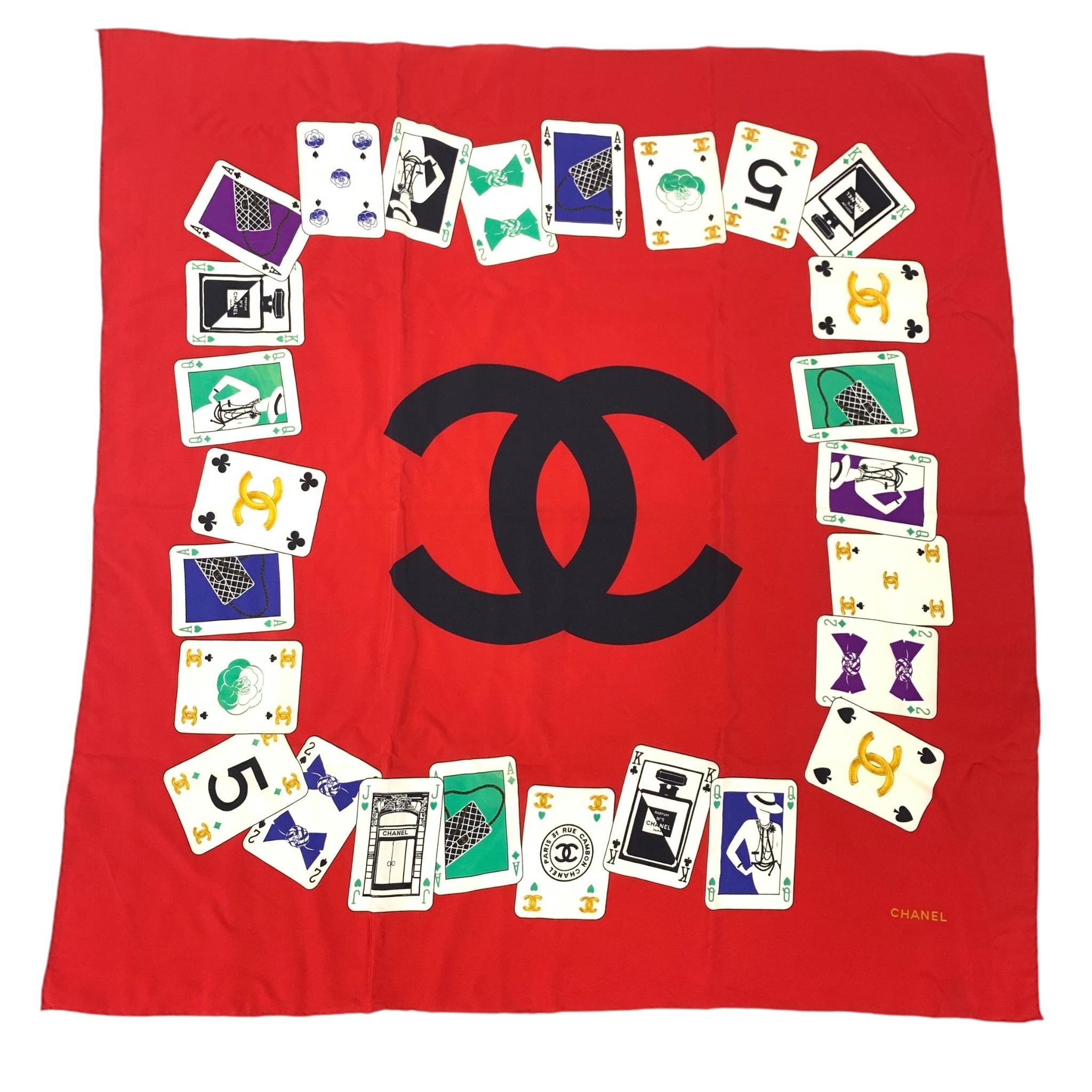 

Used Chanel Coco Mark Logo Playing Cards Scarf Silk Red Authentic 1193