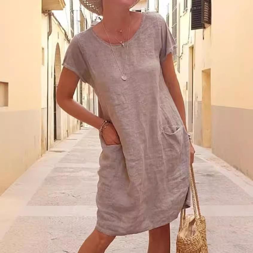 Summer Women's Loose Solid Color Pocket Short-Sleeve Round Neck Cotton Linen Dress