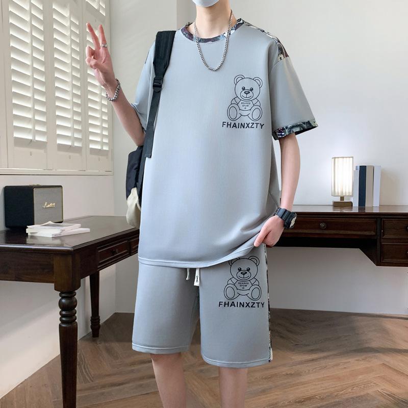 Men's Casual Loose Ice Silk Round Neck Short-sleeved T-shirt Shorts Two-piece Set