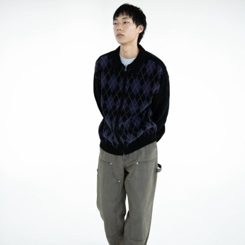 ThIs Is Never That Argyle Zip Knit Cardigan Black