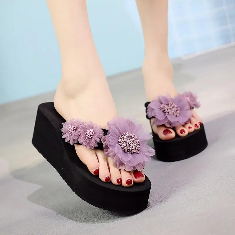 Slippers Women's Summer Fashion, Thick-soled High-heeled Sandals, Women's Seaside Beach Non-slip Flowers, Slope with Flip-flops