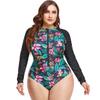 Large-size Long-sleeved Women's Swimwear Round Neck Zipper Print Splicing One-piece Swimsuit