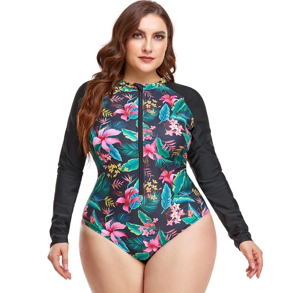 Large-size Long-sleeved Women's Swimwear Round Neck Zipper Print Splicing One-piece Swimsuit