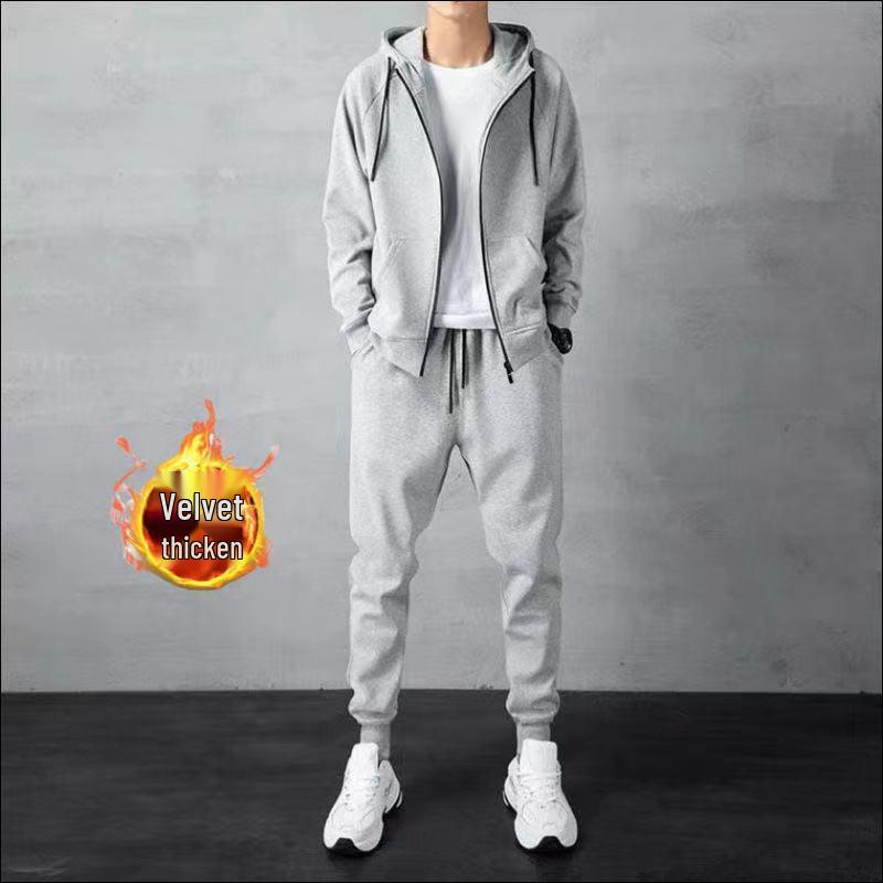 Men's Fleece-Lined Korean Style Hoodie & Jogger Plus-Size Set, Trendy Casual Wear