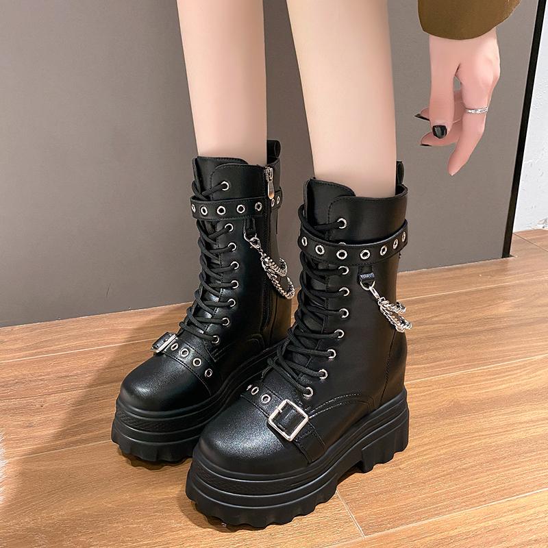 Autumn Thick Heel Ankle Boots Women 11.5CM Chunky Sneakers High Heels Winter Platform Leather Shoes Woman Metal Chain Punk Boots