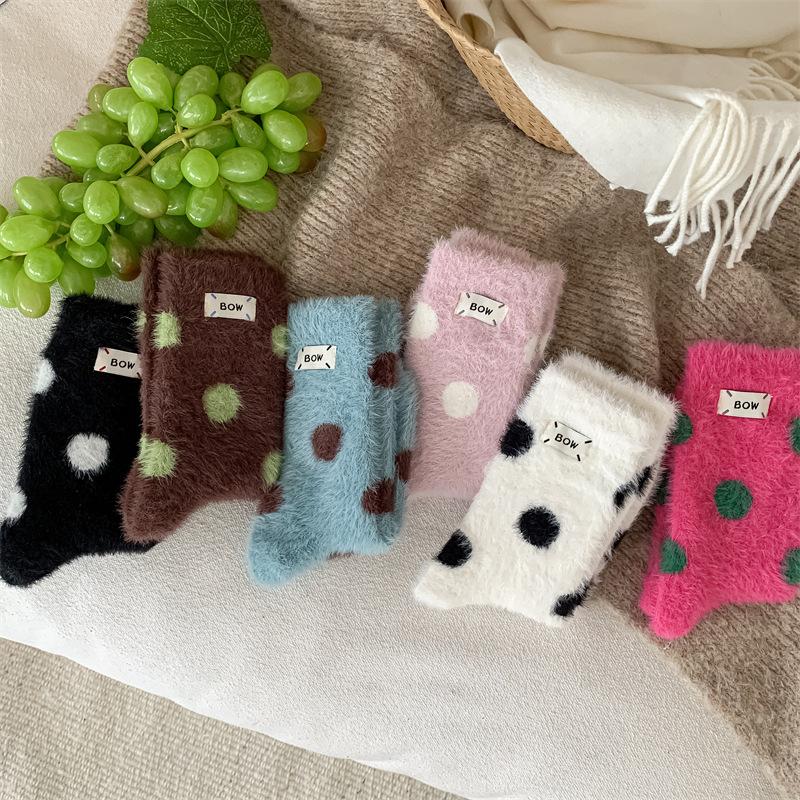 Women'S Winter Polka Dot Socks Mid Tube Cute Mink Velvet Sock Thickened Warm Sleeping Stockings