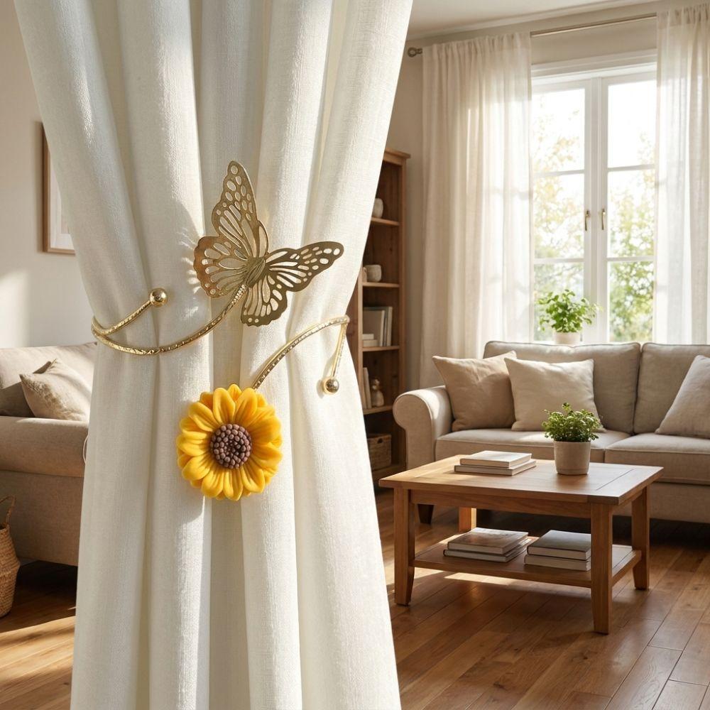 Metal Butterfly Sunflower Curtain Straps Hollow Butterfly Fabric Sunflower Curtain Tiebacks Adjustable Knitted Flower