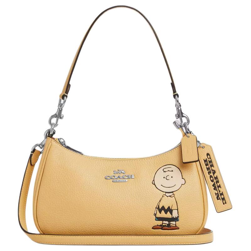

COACH PEANUTS Collaboration Teri 24 Charlie Brown Print Shoulder Crossbody Bag Pebbled Leather Handbag Medium Women s Silver with Hay Color срібний