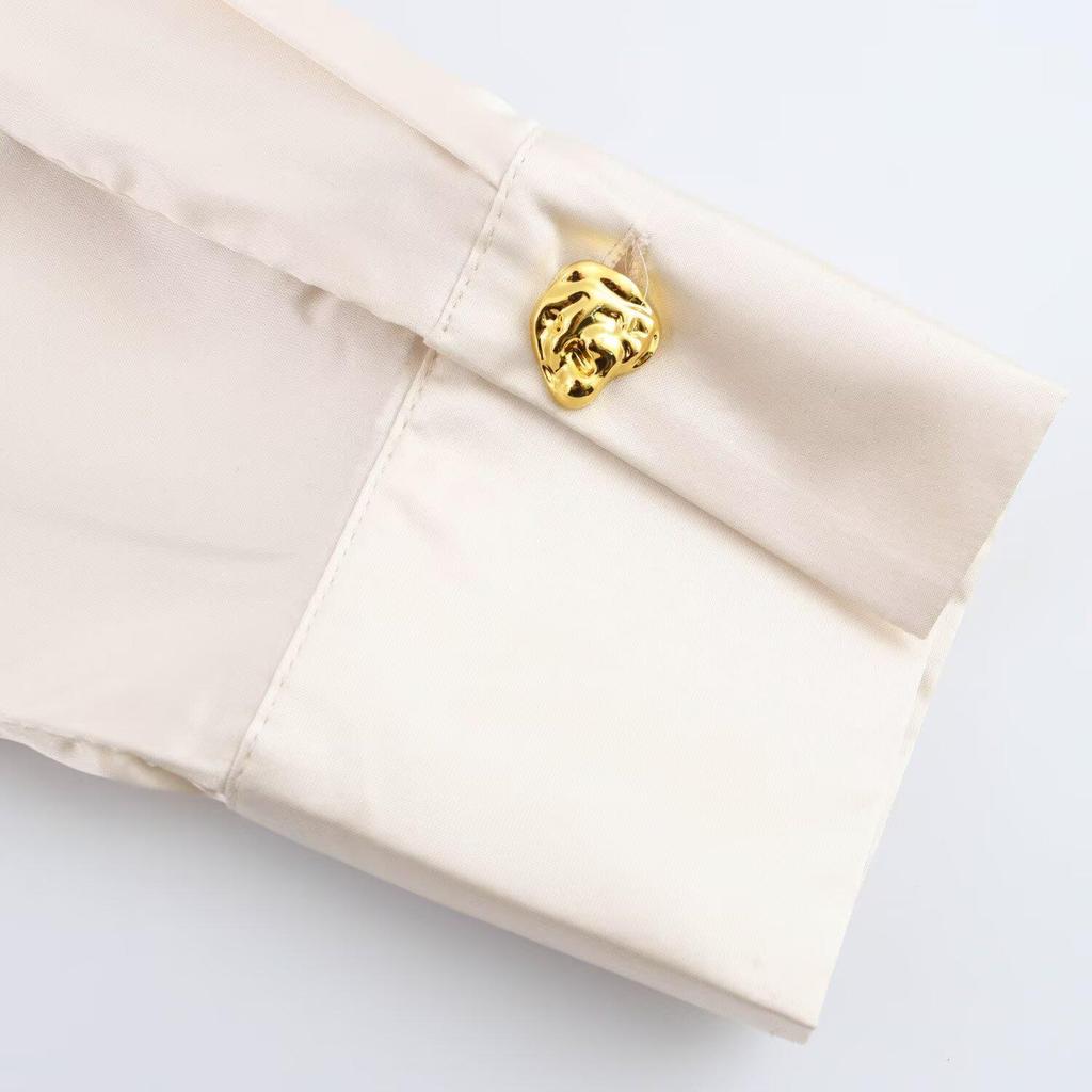 Women's Spring 2025 Silk Satin Long-Sleeve Shirt with Turn-Down Collar