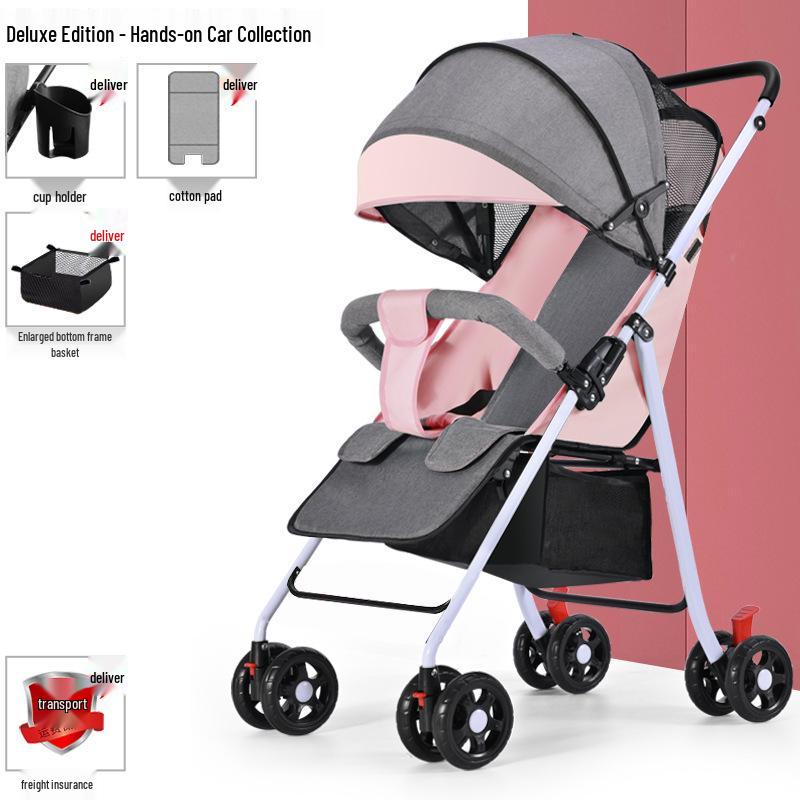 Lightweight Foldable Baby Stroller, Four-Wheeled, Convertible for Sitting or Lying, One-Button Fold Portable Design