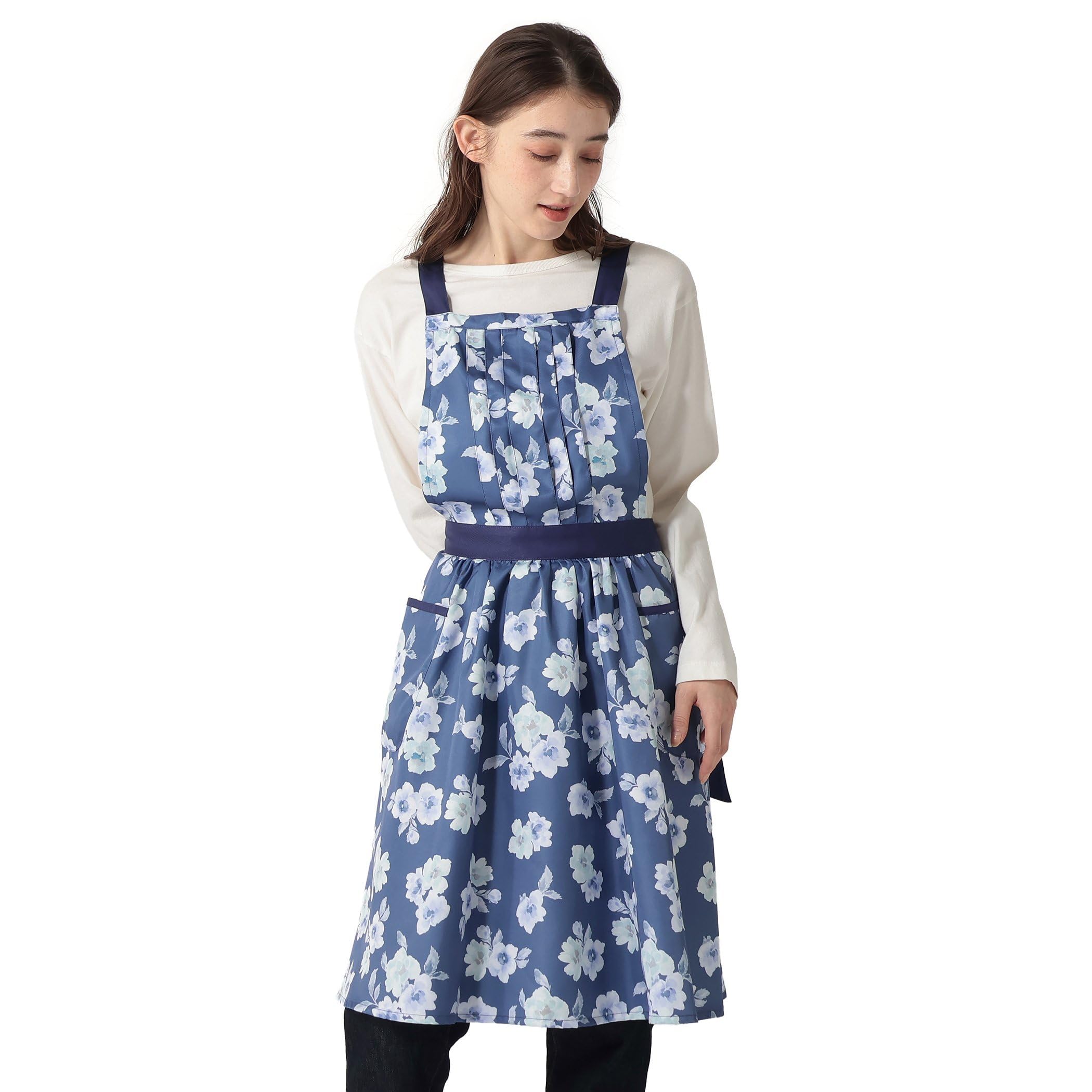 Afternoon Tea Living JR73 Watercolor Flower Ribbon Apron, Navy