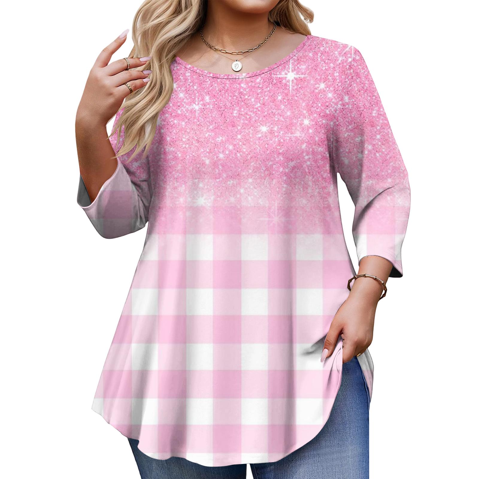

Ladies Floral Print Plus Size 3/4 Sleeve Round Hem Round Neck Fashion Top XXL рожевий