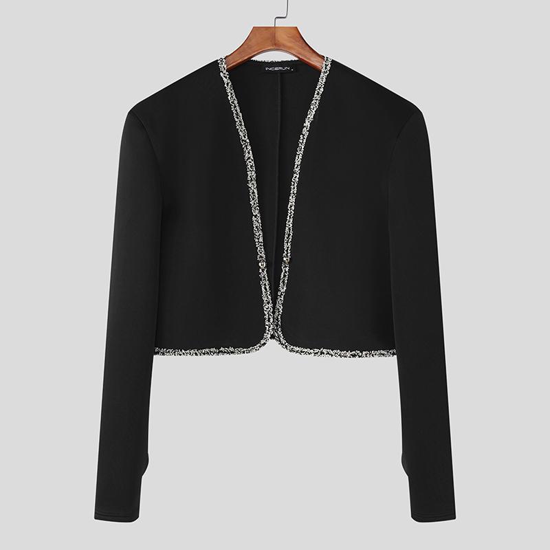 INCERUN Men Long Sleeve Open Front Stitching Short Crop Tops Shirts