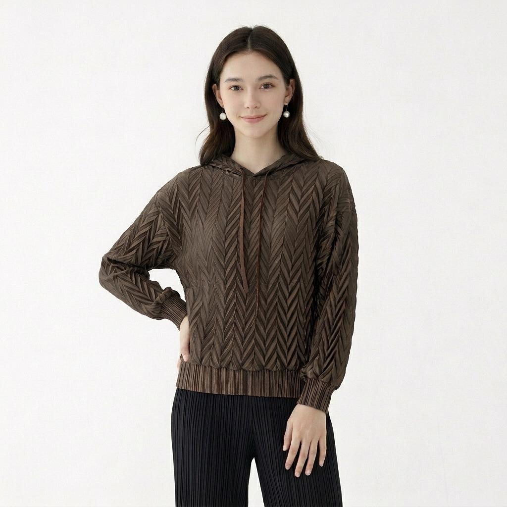 Miyake Style Hooded Pleated Sweatshirt: 2026 Spring Slimming Long Sleeve Pullover for Women