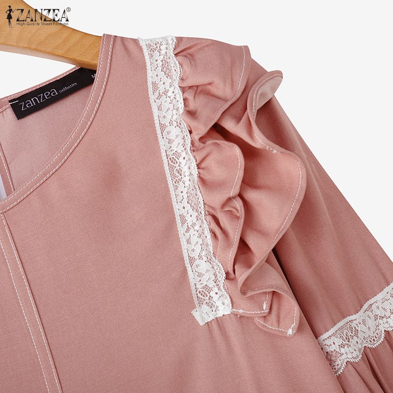 ZANZEA Bluză casual de damă cu gât rotund, mâneci lungi și inserții de dantelă