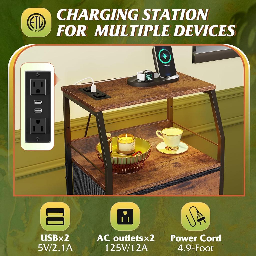 4-Drawer Dresser, 37' Tall Nightstand with Charging Station, LED Light, USB & Outlet, Fabric Bins, Wood Shelf, Rustic Brown