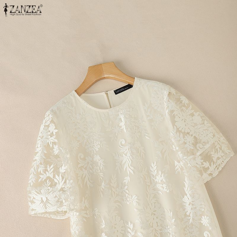 ZANZEA Women Casual Round Neck Lace Patchwork Short Sleeve Dress