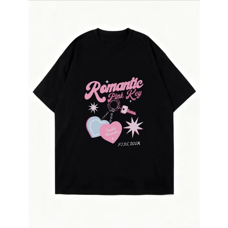 Romantic Pink Key Oversized T Shirt White Heart And Key Graphic Print For Casual Wear