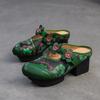 Johnature Etnische Stijl Dikke Hak Ronde Neus Buitenslippers Retro Bedrukt Echt Leer Dames Schoenen