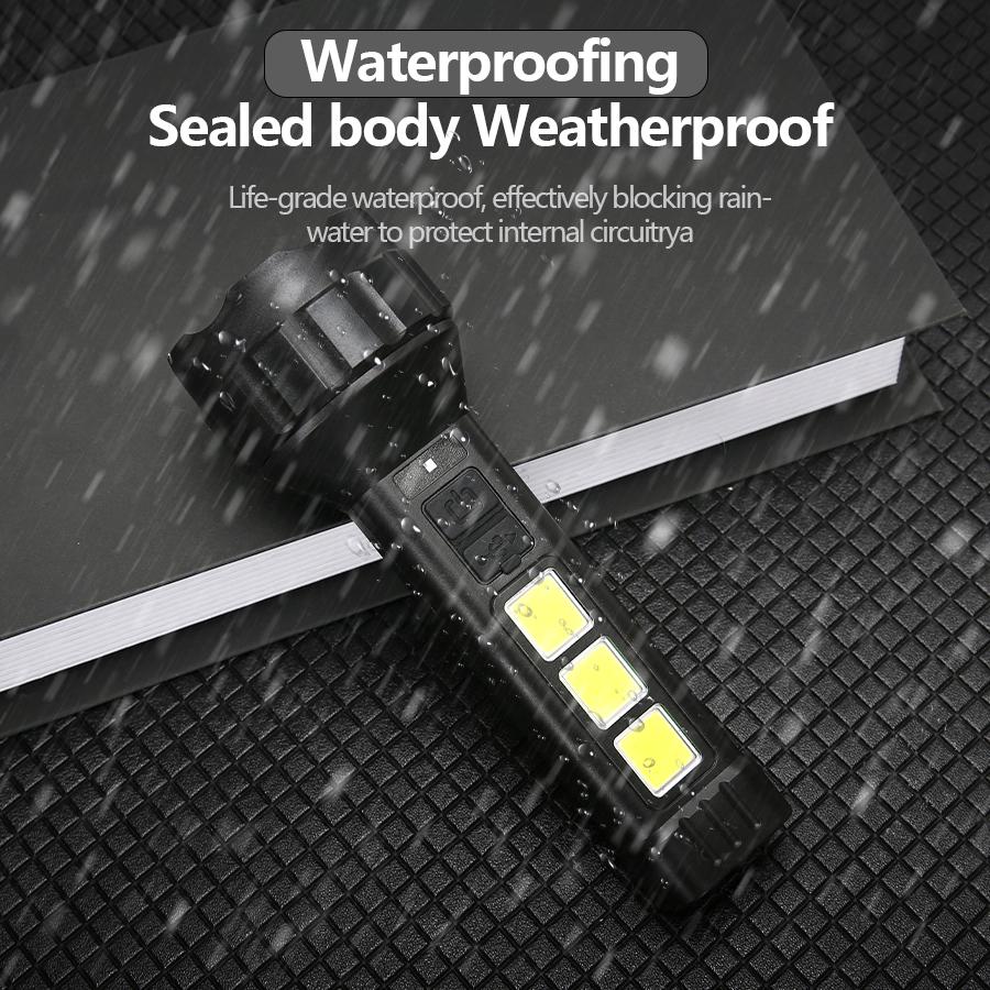 High Power LED Flashlight Rechargeable Tactical Zoom Torch Lamp with COB Side Light Waterproof Outdoor Camping Lamp Hunting