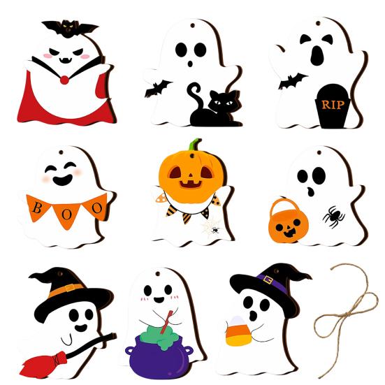 Halloween Wall Ornaments Ghost Wooden Hanging Sign with Hemp Rope, Cute Holiday Pendants for Home Party Decorations