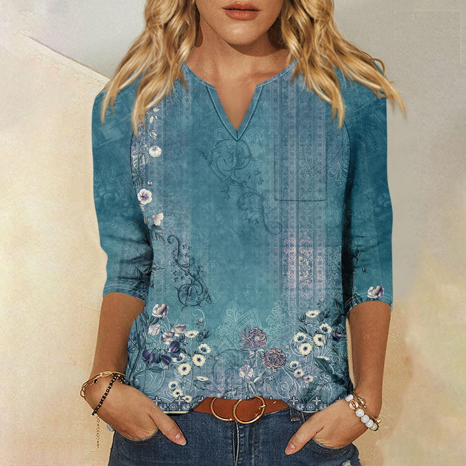 

Жіноча модна сорочка, повсякденна сорочка з рукавом реглан і V-подібним вирізом, вільна футболка з принтом і рукавом 3/4, жіночий топ M синій