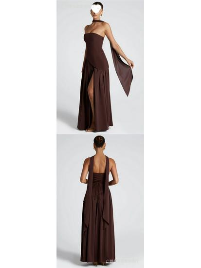 Chique Strapless Effen Kleur Maxi Jurk – Sexy Backless Design met Hoge Split
