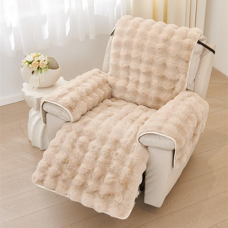 1 Seater Soft Warm Recliner Sofa Cover Non-Slip Rabbit Plush Armchair Cover Solid Color Single Sofa Slipcover for Living Room