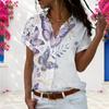 Women Plus Size White Butterfly Print Collared Short Sleeve Button Front Shirt