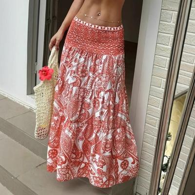 Jupe Maxi Plissée Taille Haute Imprimée Coupe A Ligne Longue Jupe Volantée Assemblage Design Loisir Vacances Jupe Femme Usage Quotidien